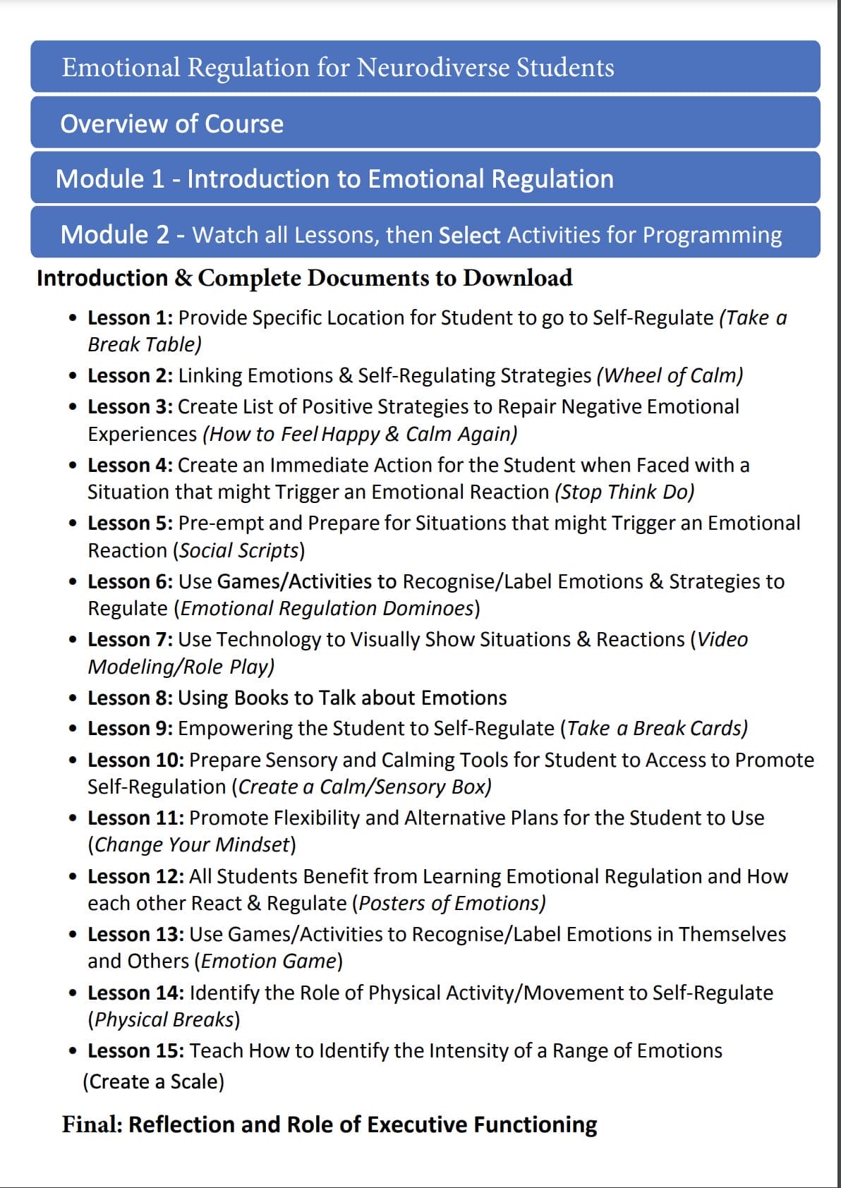 Sue Larkey Emotional Regulation Course Lesson Content