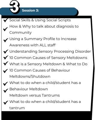 3 Lesson 3 Content - Social Skills & Using Social Scripts<br />
How & Why to talk about diagnosis to Community<br />
Using a Summary Profile to Increase Awareness with ALL staff<br />
Understanding Sensory Processing Disorder<br />
10 Common Causes of Sensory Meltdowns<br />
What is a Sensory Meltdown & What to Do<br />
10 Common Causes of Behaviour Meltdowns/Shutdown<br />
What to do when a child/student has a Behaviour Meltdown<br />
Meltdown versus Tantrums<br />
What to do when a child/student has a tantrum
