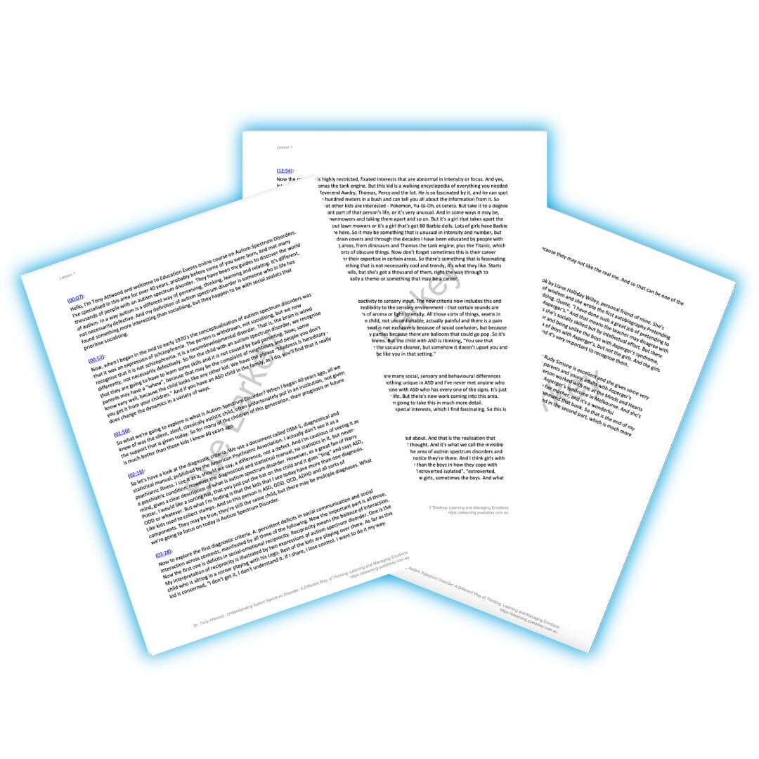 Image of Transcripts for Tony Attwood's course about neurodivergent students