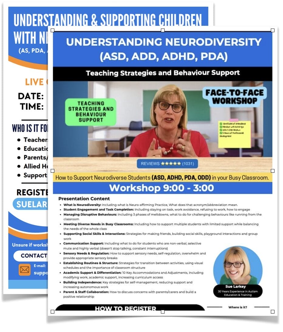Image showing both pages of Live Workshop Flyer Autism Workshops with world expert Sue Larkey