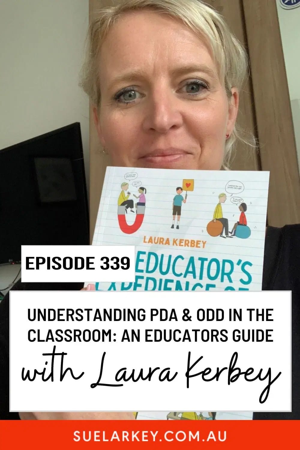 Podcast episode cover on the difference between PDA and ODD, with a woman holding an educator guide book